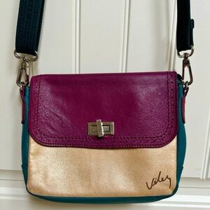Velez Colourful Dark Purple, Teal & Gold Leather Cross Body Bag. 9” by 7” by 3”